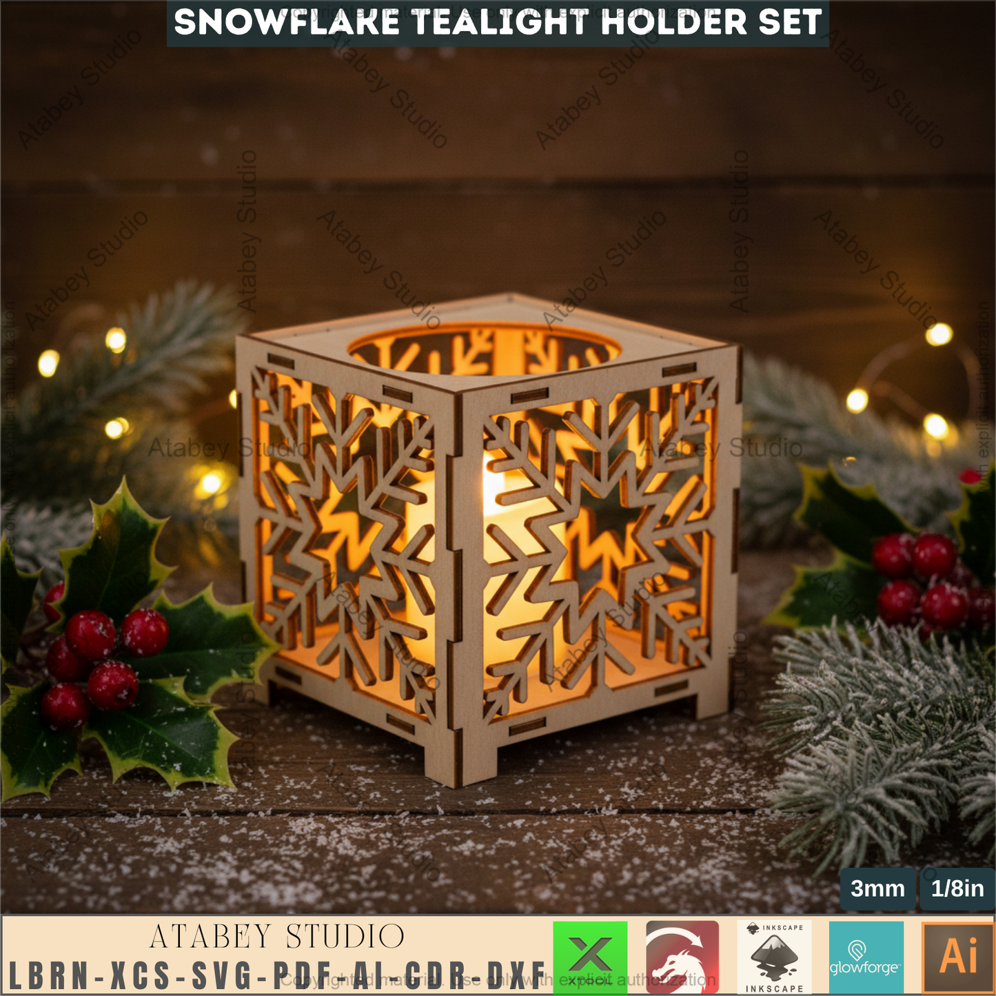 Snowflake Tealight Holder Laser Cut Files, Christmas Lantern Box SVG, Wooden Candle Holders 979