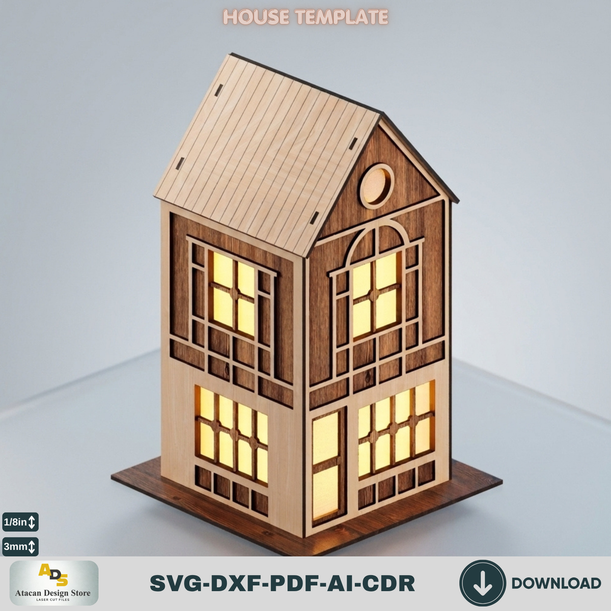 DIY Wooden House Luminary Template | Laser Cut Miniature Village | Table Lamp Design 885