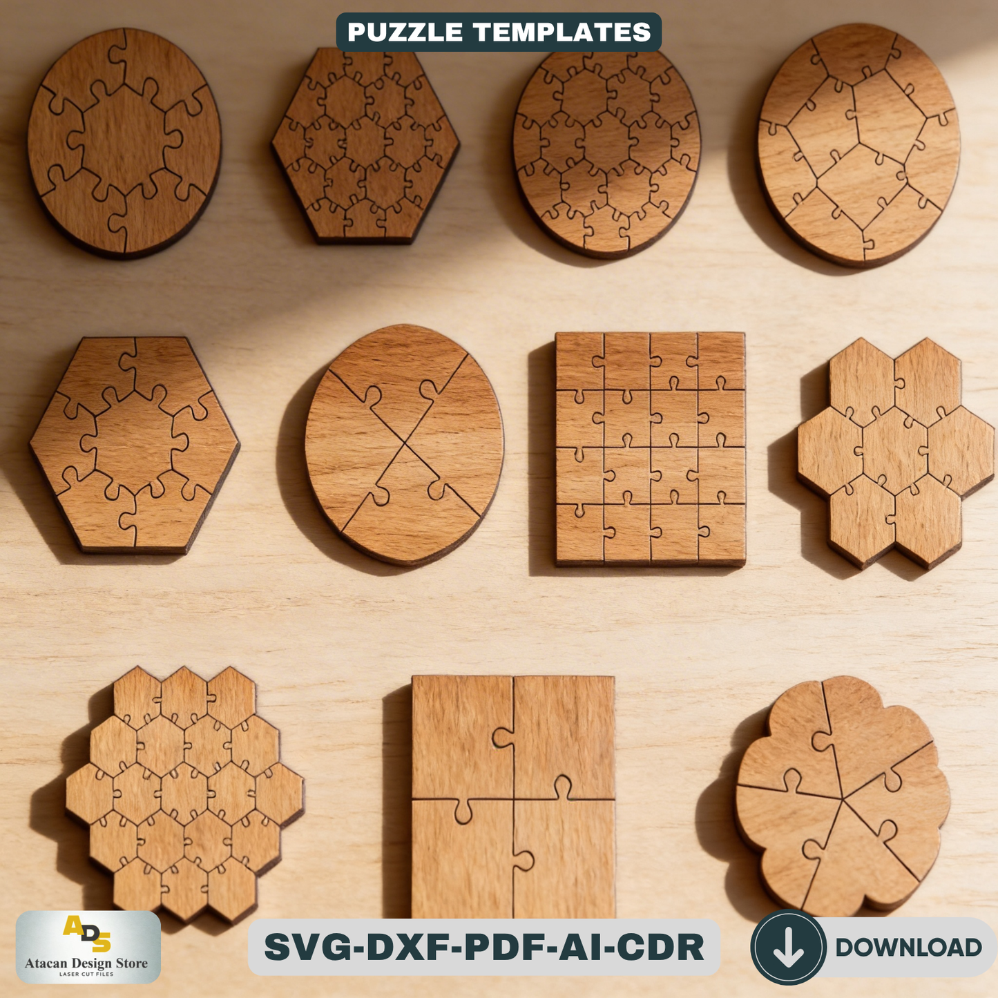 Wooden Puzzle Templates Bundle / Jigsaw Puzzles / DIY Personalized Gift Ideas Geometric Patterns 732