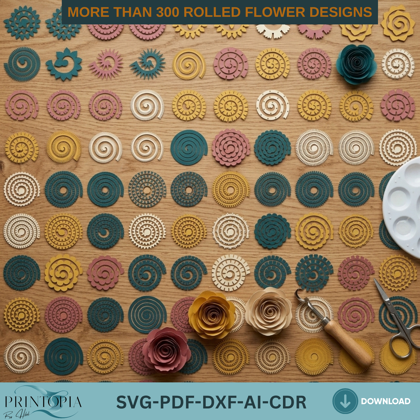 300+ Rolled Flower Bundle, 3D Paper Rose, DIY Craft Template, Instant Download