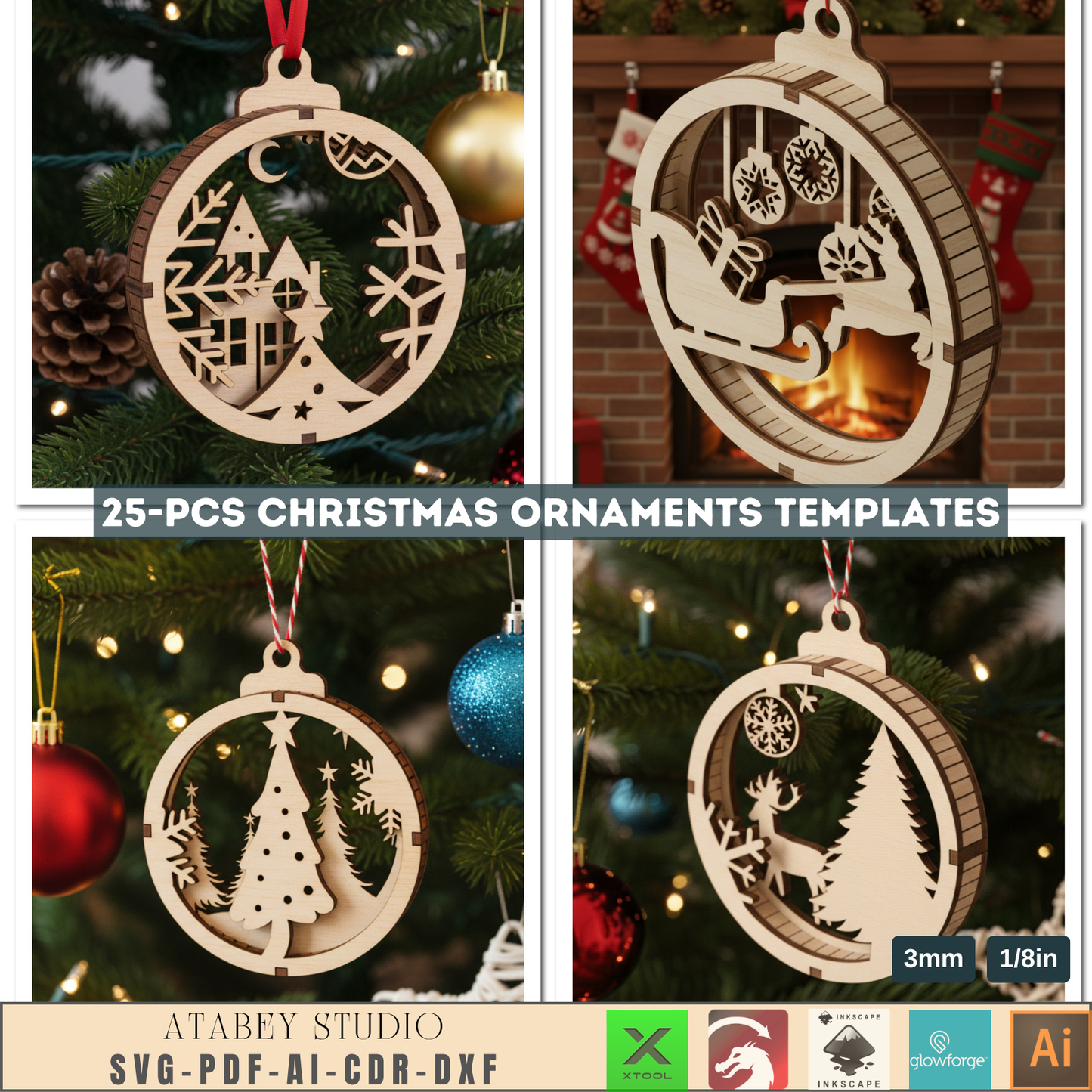 25 Christmas Ornament Templates for Laser Cutting | Round Xmas Bauble Designs | Holiday Tree Hanging Decor Craft Pattern