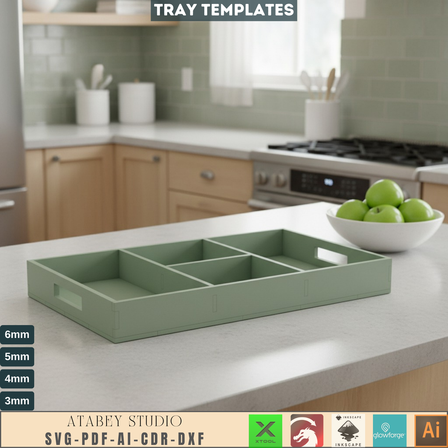 Laser Cut Organizer Tray SVG, Kitchen Storage Box DXF, DIY Craft Project, Digital File for Wood Serving Tray