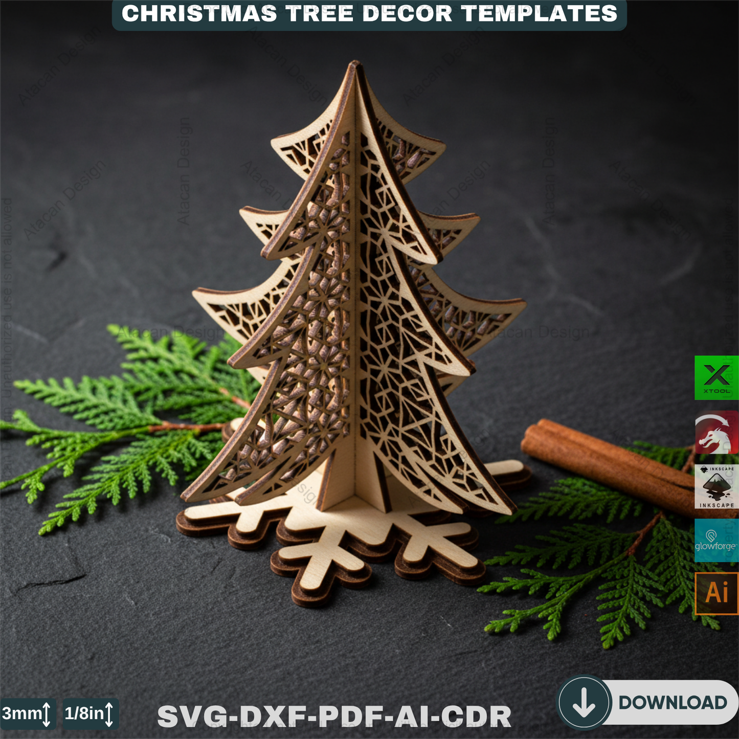 Christmas Ornament Tree With Pattern Laser Cut Files, Festive Holiday Shelf Sitter, Wooden Tabletop Decor Trees 912