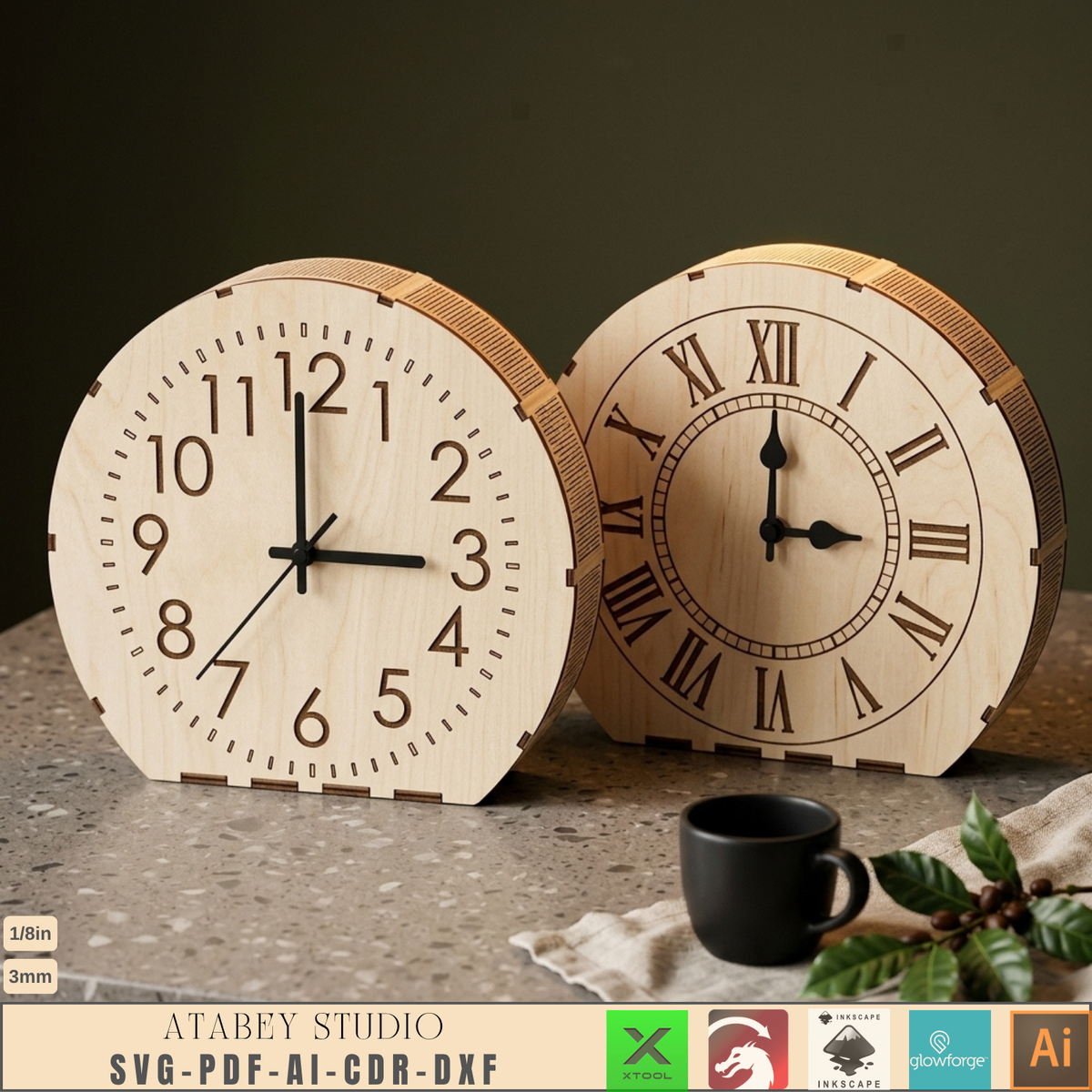 Laser Cut Wooden Table Clock Bundle, 10 Living Hinge Designs, Modern DIY Desk Clock Patterns