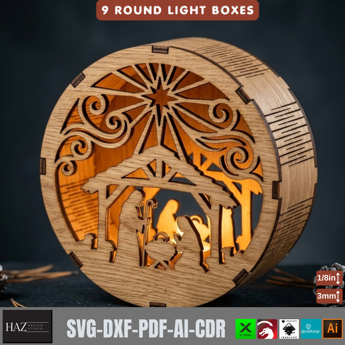 9 Round Christmas Light Box SVG Laser Cut Files – Tealight Holiday Decor