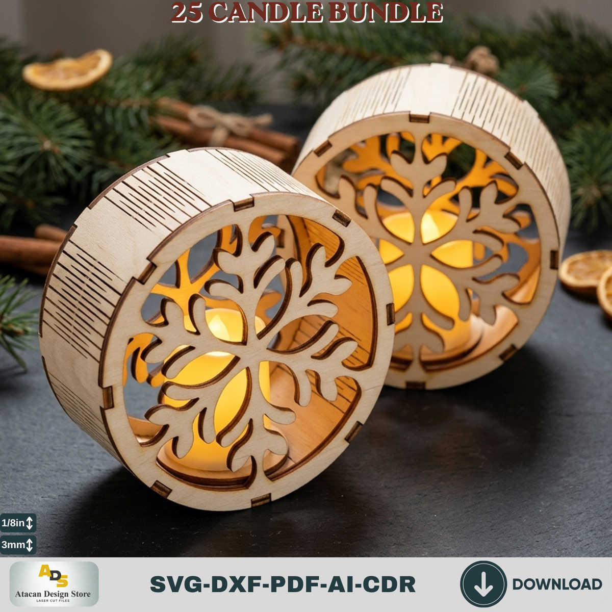 Christmas Tealight Candle Holder Bundle, 25 Laser Cut Round Lantern Templates, Xmas Glowforge Decor