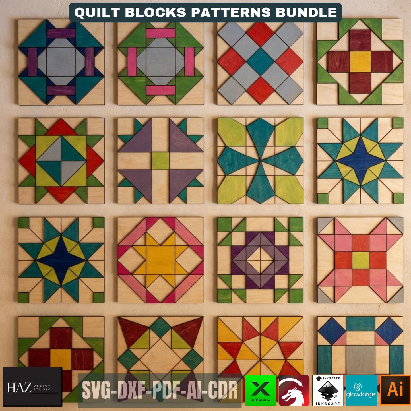 Geometric Wood Quilt Block Pattern, Modern Mosaic Wall Art Template, DIY Farmhouse Decor Sign 518