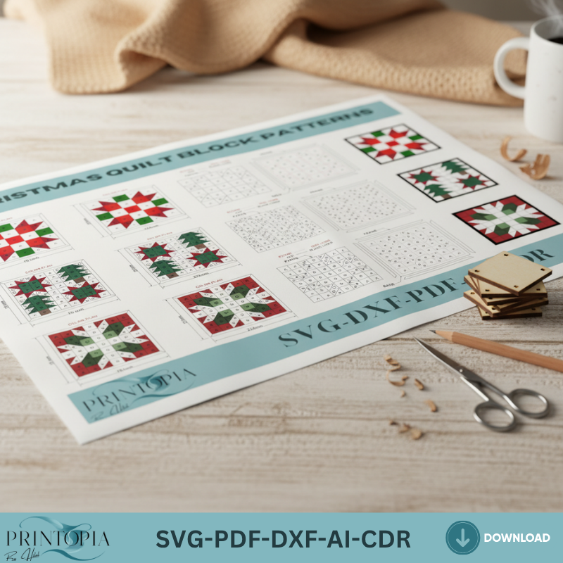 Christmas Quilt Block Laser Cut Patterns Wood Wall Art Bundle Holiday Snowflake Tree Star Decor