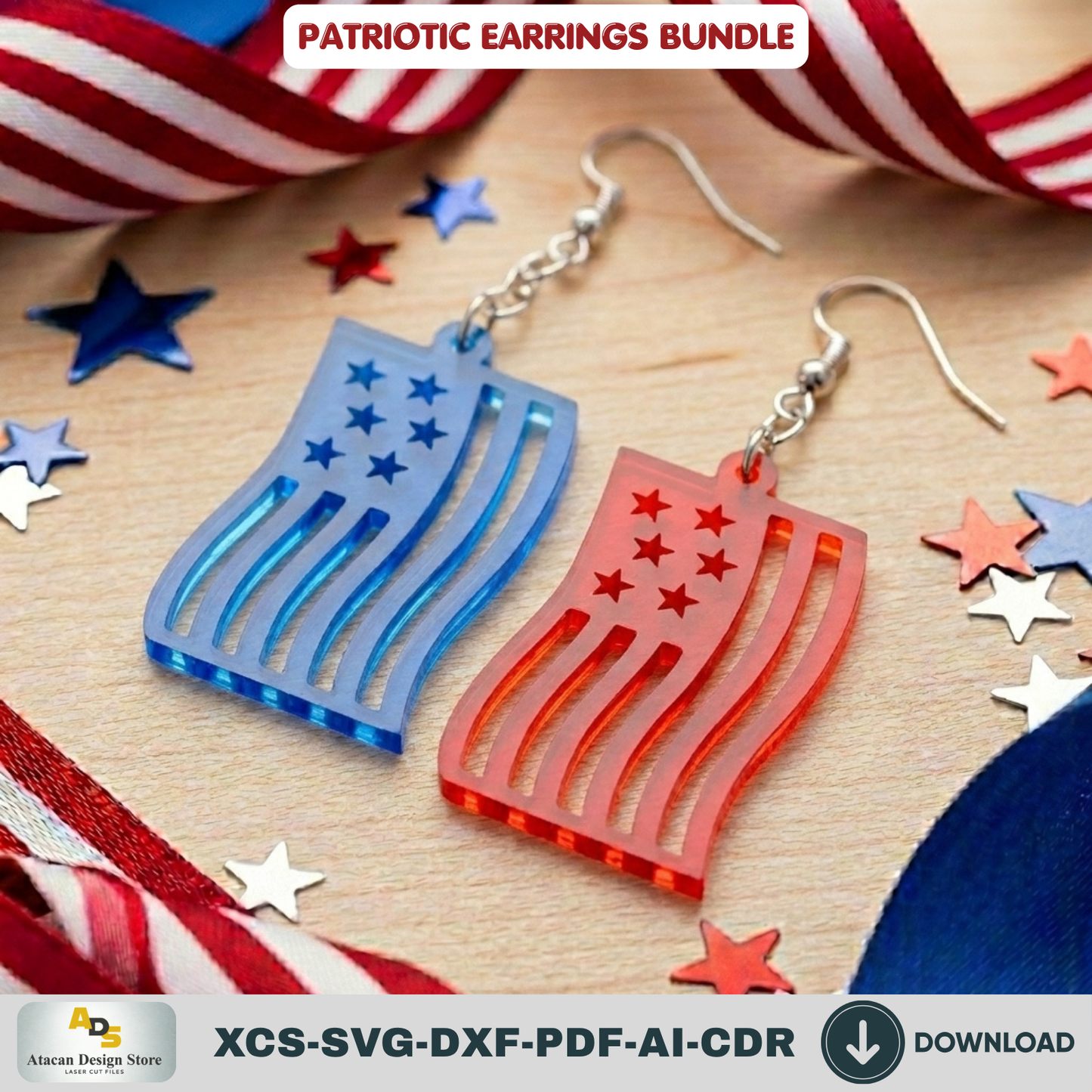Patriotic Earrings Laser Cut Files, 4th of July USA Flag Jewelry Template, Veteran Gift