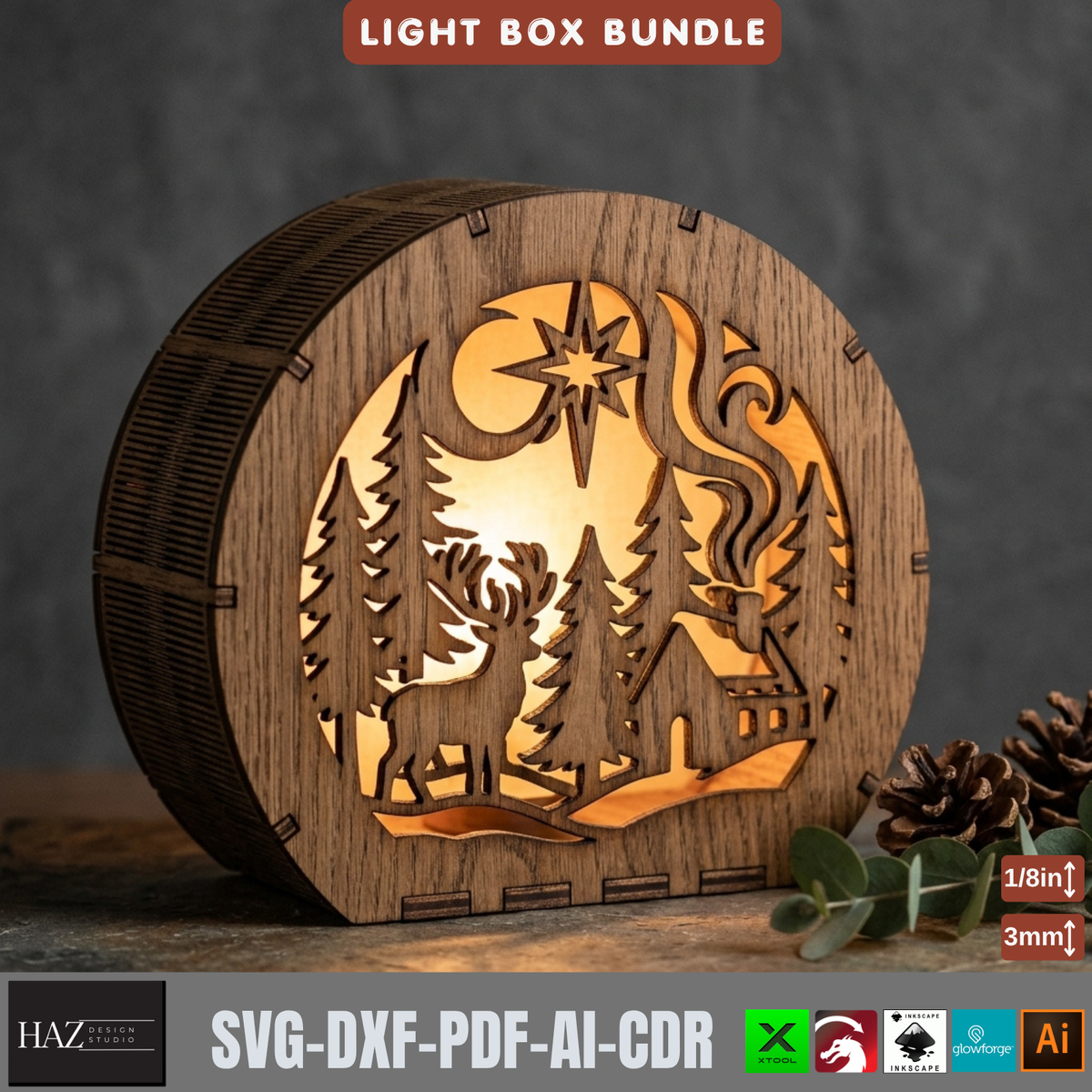 Laser Cut Christmas Lantern Bundle, Wooden Tealight Holders, Winter Scene Light Box Designs