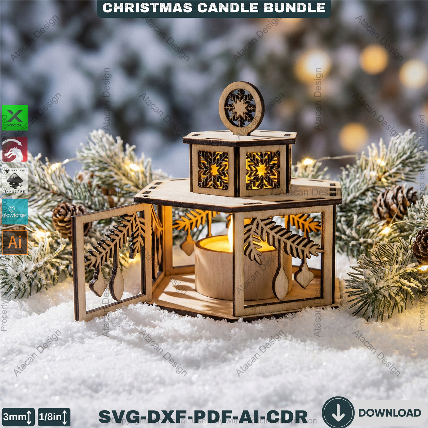 Christmas Candle Holders - Lanterns With Lid - Tealight Laser Cut Lamp Designs - Night Light Decoration 922