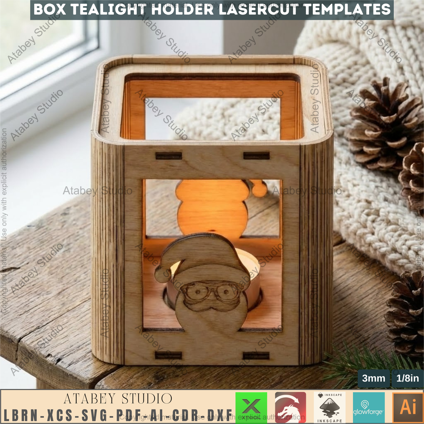 Christmas Laser Cut Tealight Holder, Santa Lantern Box Template, Living Hinge Candle Stand, Holiday Table Decor 974