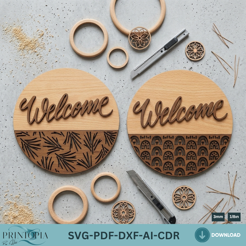 Welcome Sign Laser Cut Templates, Patterned Door Hangers, Round Plywood Wall Decor Bundle