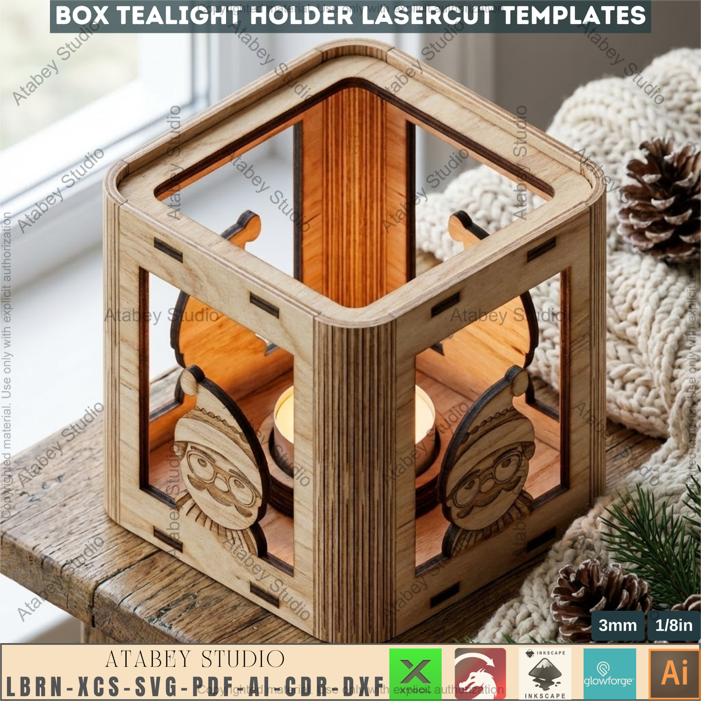 Christmas Laser Cut Tealight Holder, Santa Lantern Box Template, Living Hinge Candle Stand, Holiday Table Decor 974