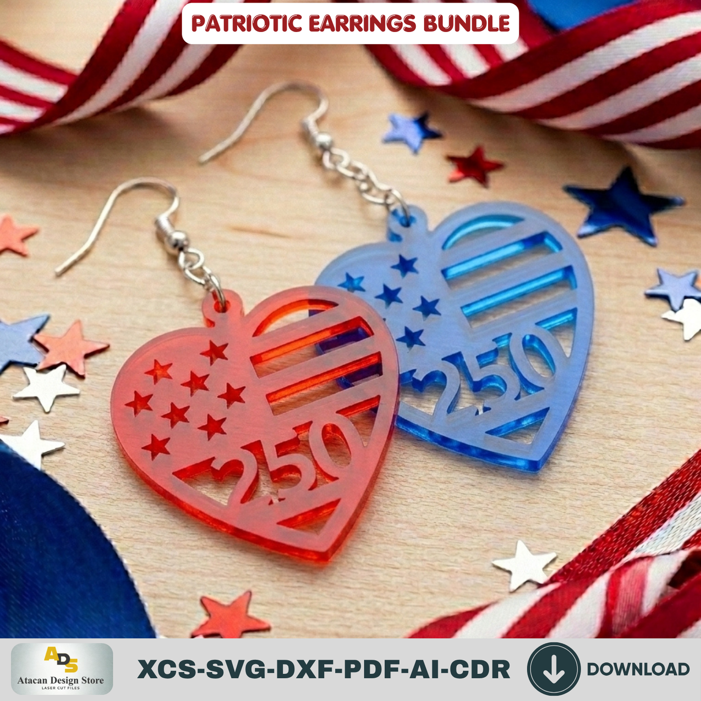 Patriotic Earrings Laser Cut Files, 4th of July USA Flag Jewelry Template, Veteran Gift