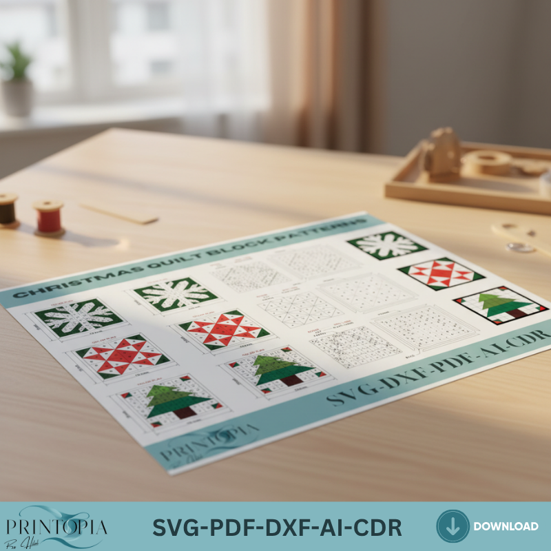 Christmas Quilt Block Laser Cut Patterns Wood Wall Art Bundle Holiday Snowflake Tree Star Decor