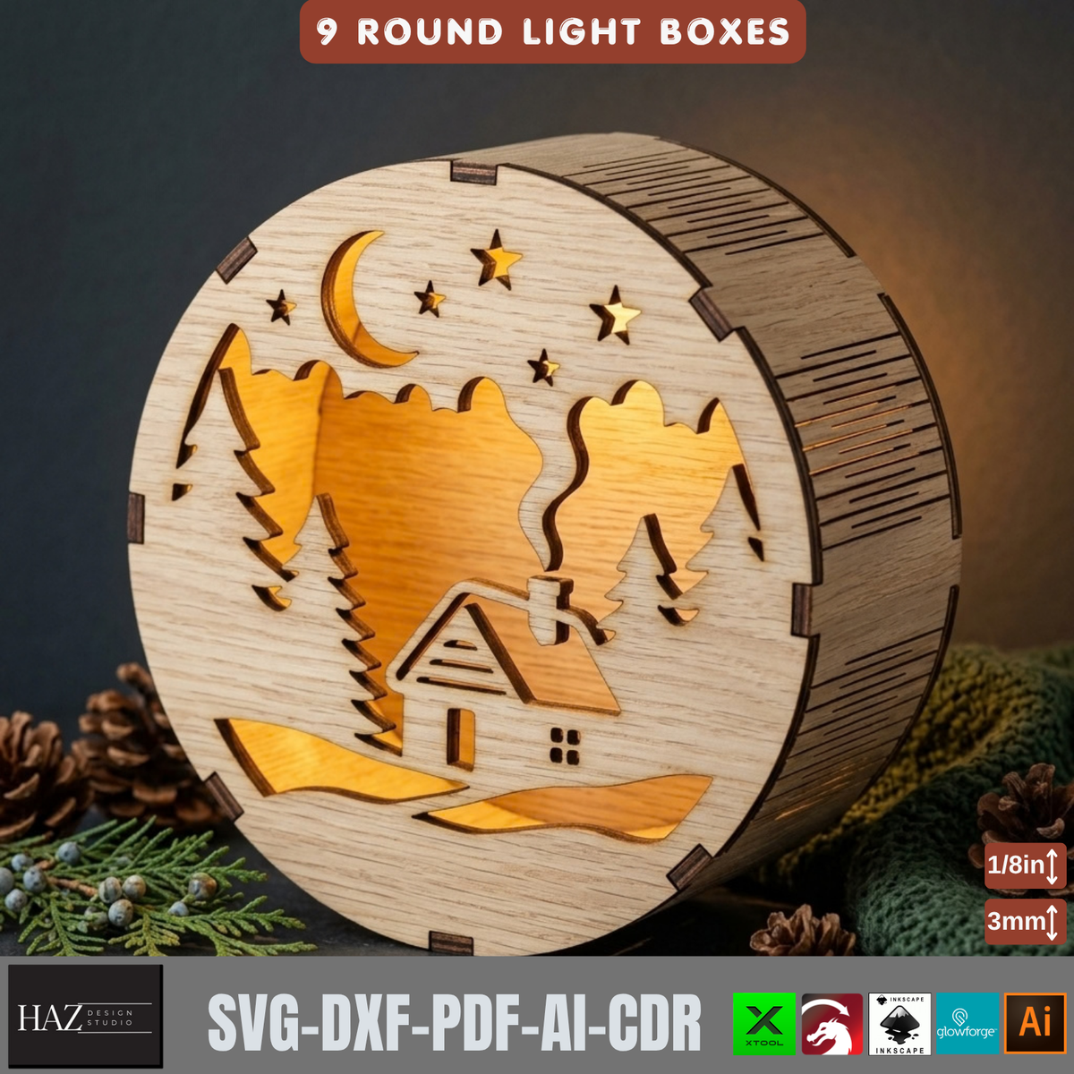 9 Round Christmas Light Box SVG Laser Cut Files – Tealight Holiday Decor