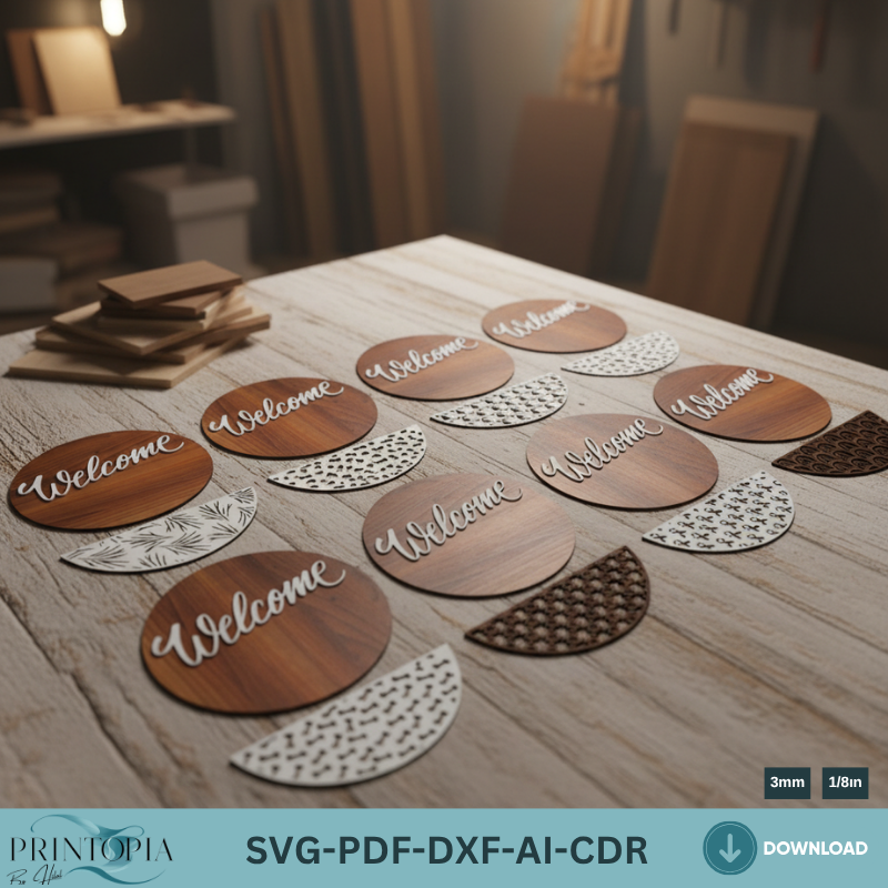 Welcome Sign Laser Cut Templates, Patterned Door Hangers, Round Plywood Wall Decor Bundle
