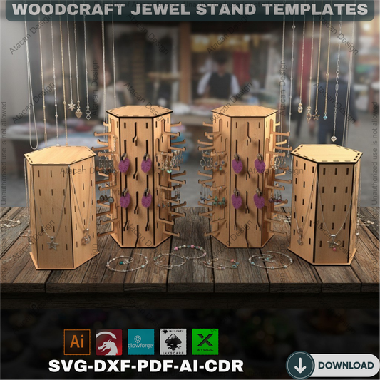 Hexagon Keychains and Jewelry Displays / Earring Holder Stands / Glowforge Ornaments Display Stand / Laser Cut Files SVG DXF Ai CDR 395