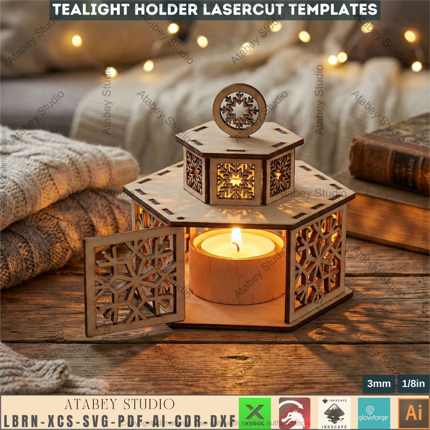 Christmas Tealight Holders with Lid / Lantern Laser Cut Files / Tabletop Candles / New Year Decor 976