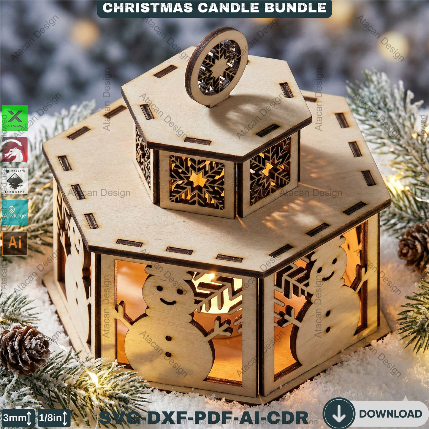 Christmas Candle Holders - Lanterns With Lid - Tealight Laser Cut Lamp Designs - Night Light Decoration 922