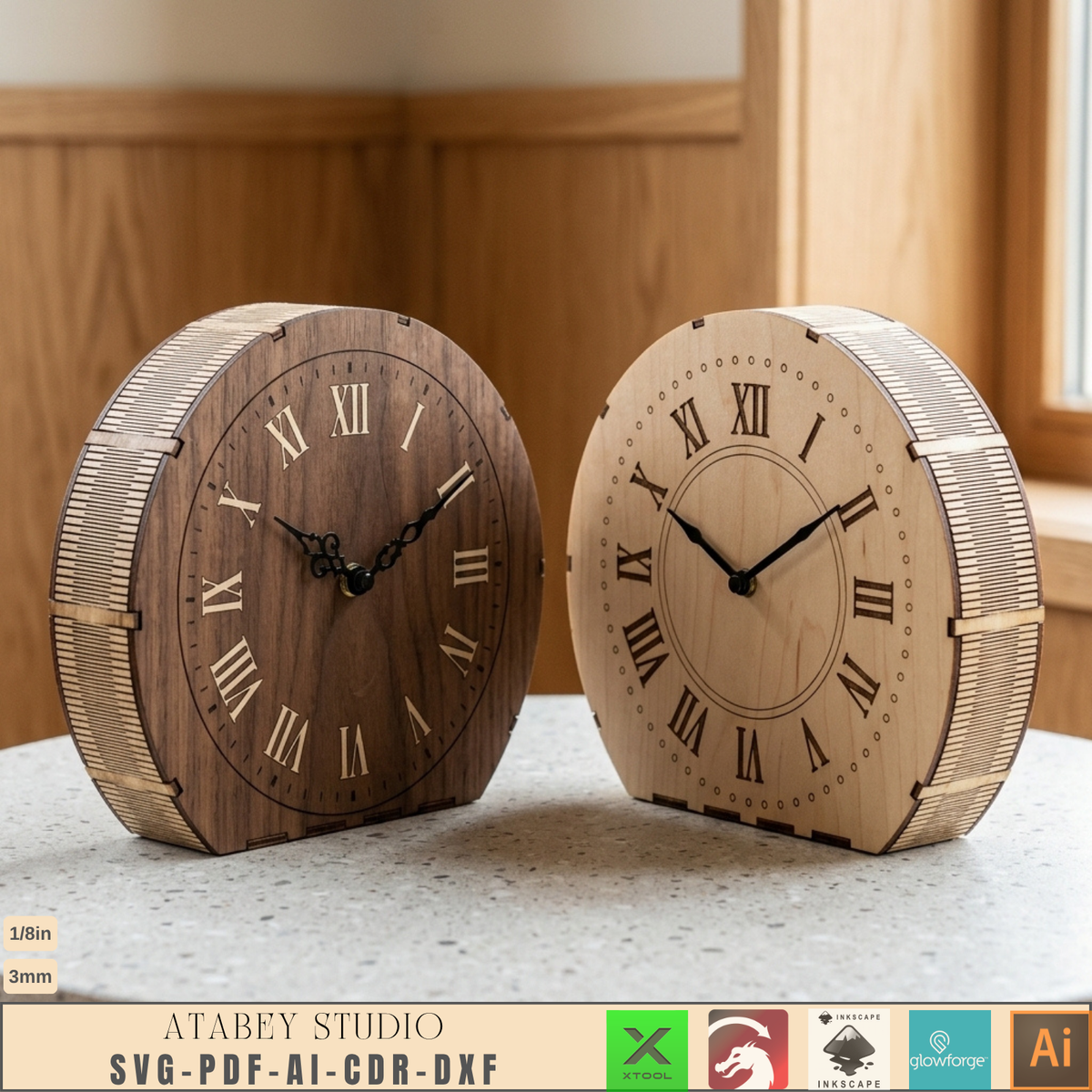 Laser Cut Wooden Table Clock Bundle, 10 Living Hinge Designs, Modern DIY Desk Clock Patterns