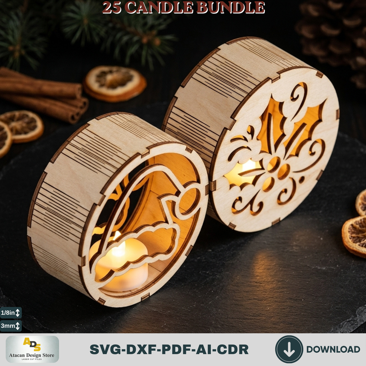 Christmas Tealight Candle Holder Bundle, 25 Laser Cut Round Lantern Templates, Xmas Glowforge Decor