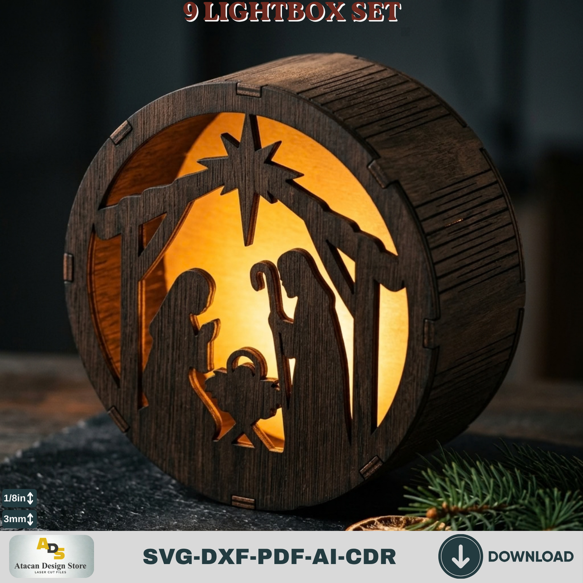 9 Winter Scene Lightbox Laser Cut Bundle Round Christmas Shadow Box Template