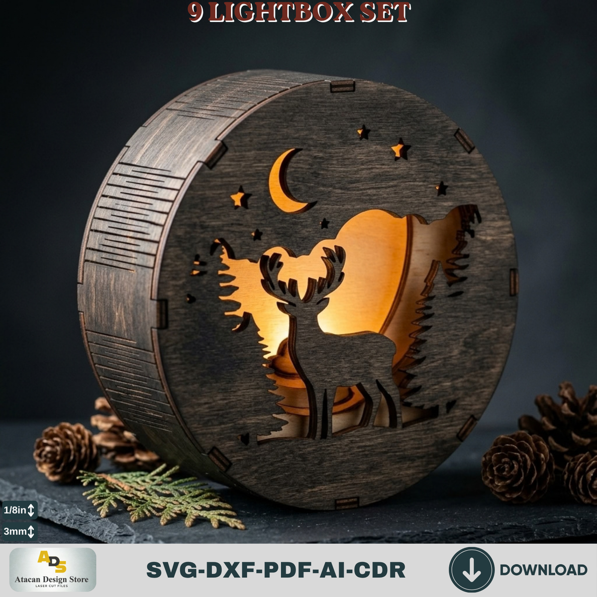 9 Winter Scene Lightbox Laser Cut Bundle Round Christmas Shadow Box Template