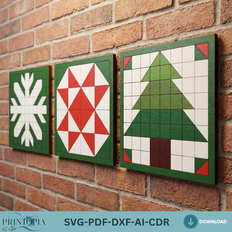 Christmas Quilt Block Laser Cut Patterns Wood Wall Art Bundle Holiday Snowflake Tree Star Decor