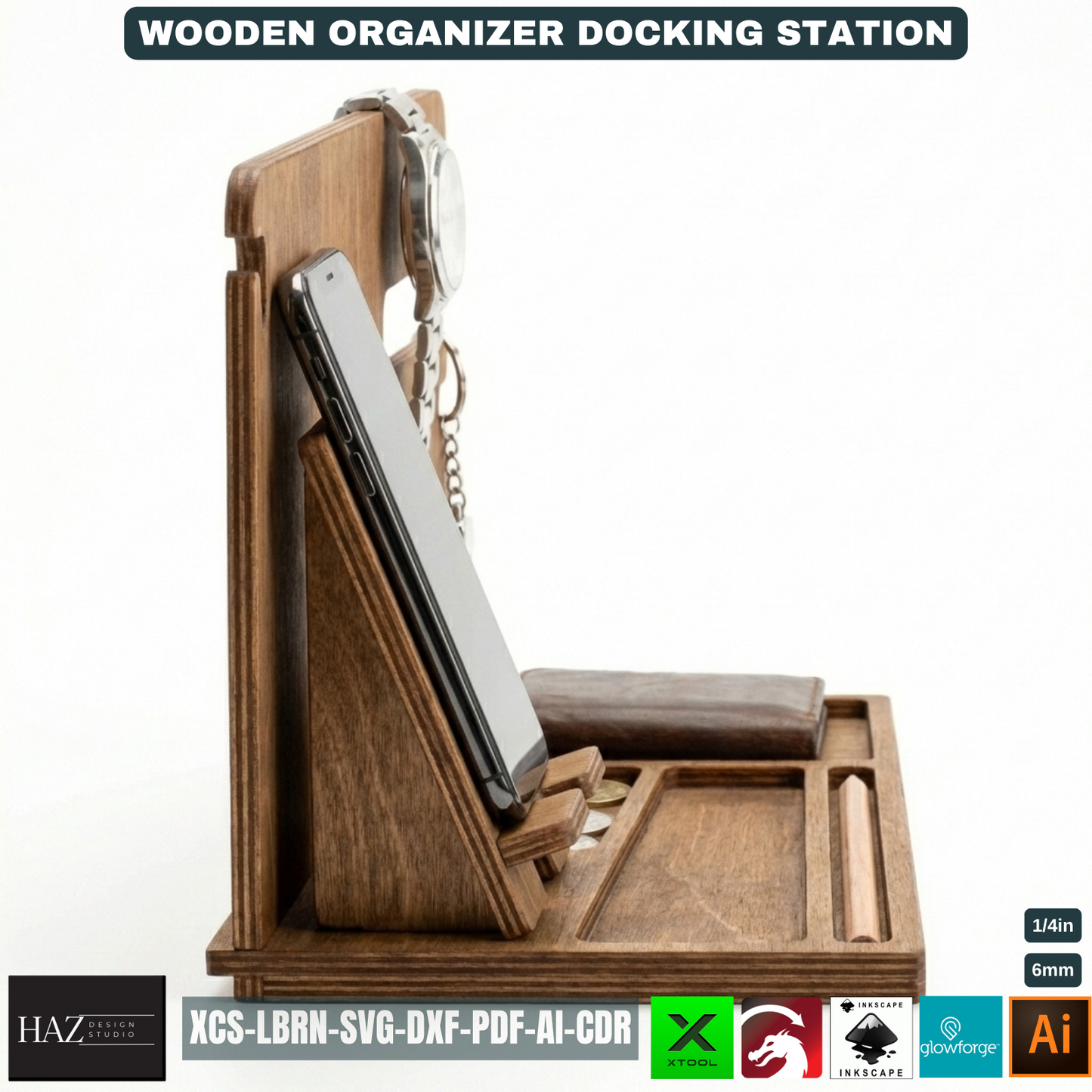 Personalized Wood Docking Station Desk Organizer Mens Gift Idea Phone Stand Bedside Nightstand Catchall Tray 529