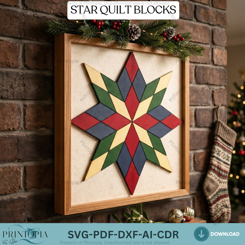 Geometric Star Barn Quilt Wood Pattern Farmhouse Wall Art Template Rustic Home Decor 342