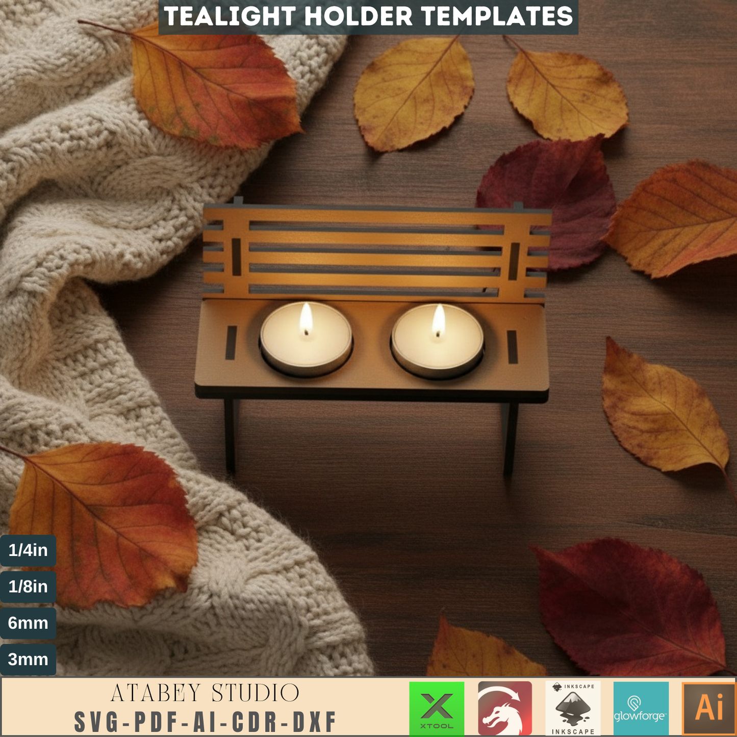 Laser Cut Bench Tealight Holder SVG, Wooden Candle Holder Template, Fall Decor Glowforge Files, Autumn Home Decor DIY Gift 562