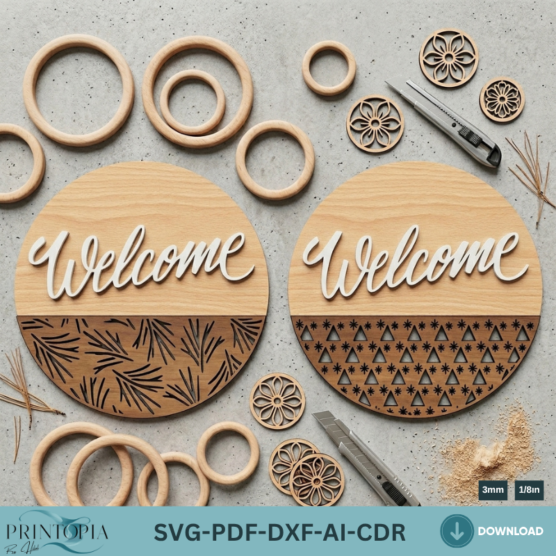 Welcome Sign Laser Cut Templates, Patterned Door Hangers, Round Plywood Wall Decor Bundle