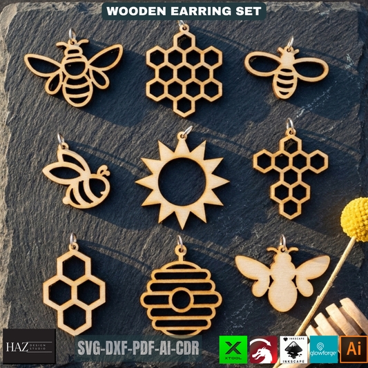 Bee Earring SVG Honeycomb Jewelry Templates Wood Earring Patterns Sun Beehive Earrings