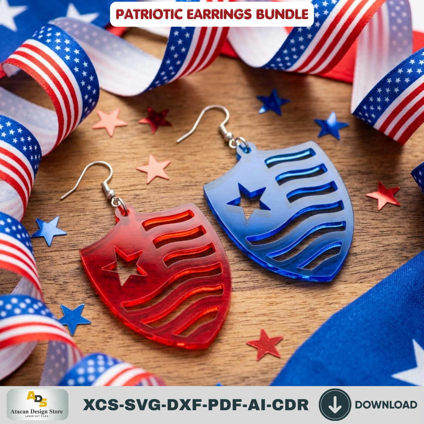 Patriotic Earrings Laser Cut Files, 4th of July USA Flag Jewelry Template, Veteran Gift