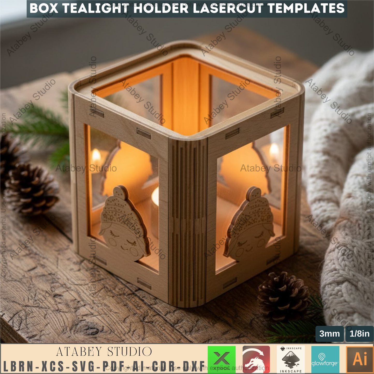 Christmas Laser Cut Tealight Holder, Santa Lantern Box Template, Living Hinge Candle Stand, Holiday Table Decor 974