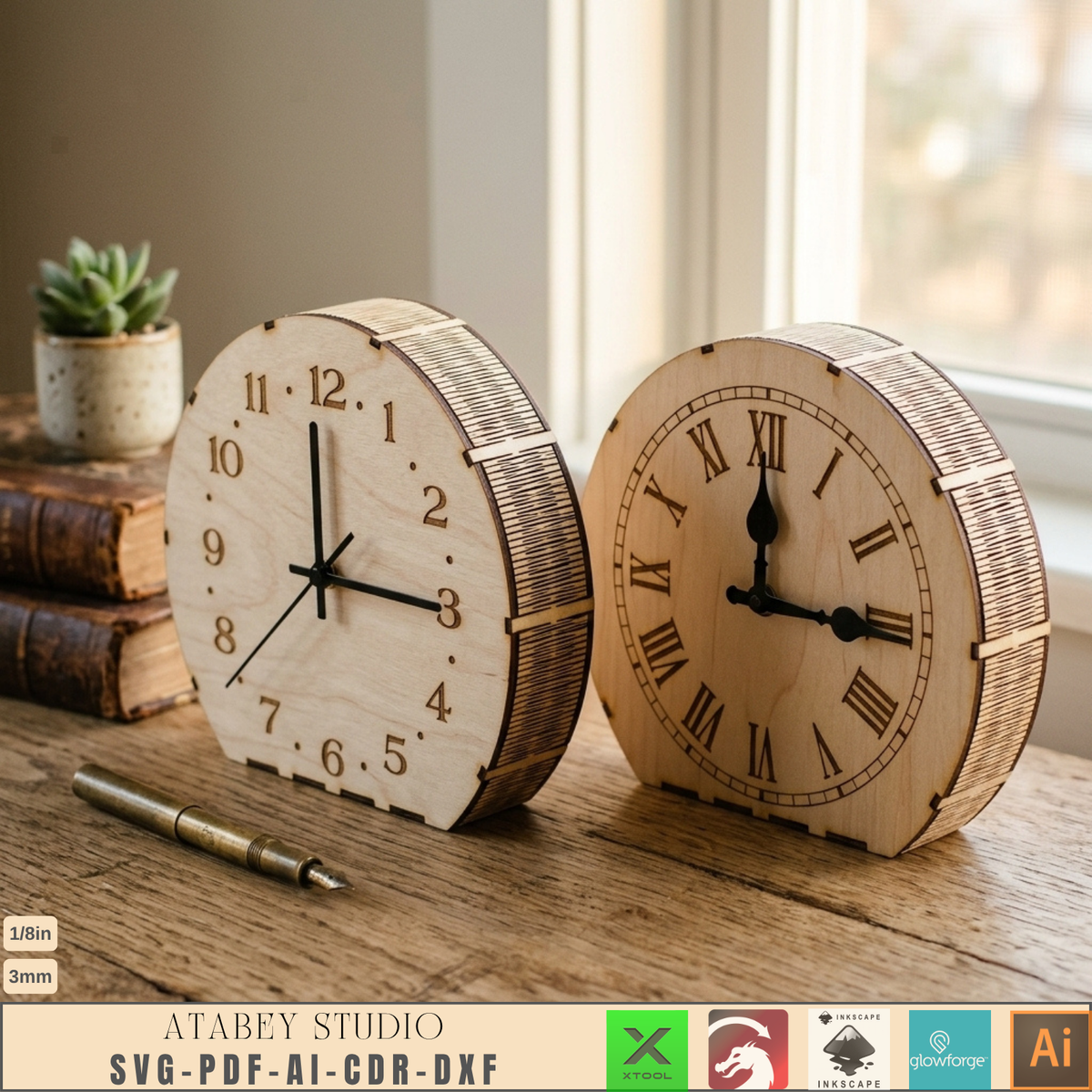Laser Cut Wooden Table Clock Bundle, 10 Living Hinge Designs, Modern DIY Desk Clock Patterns