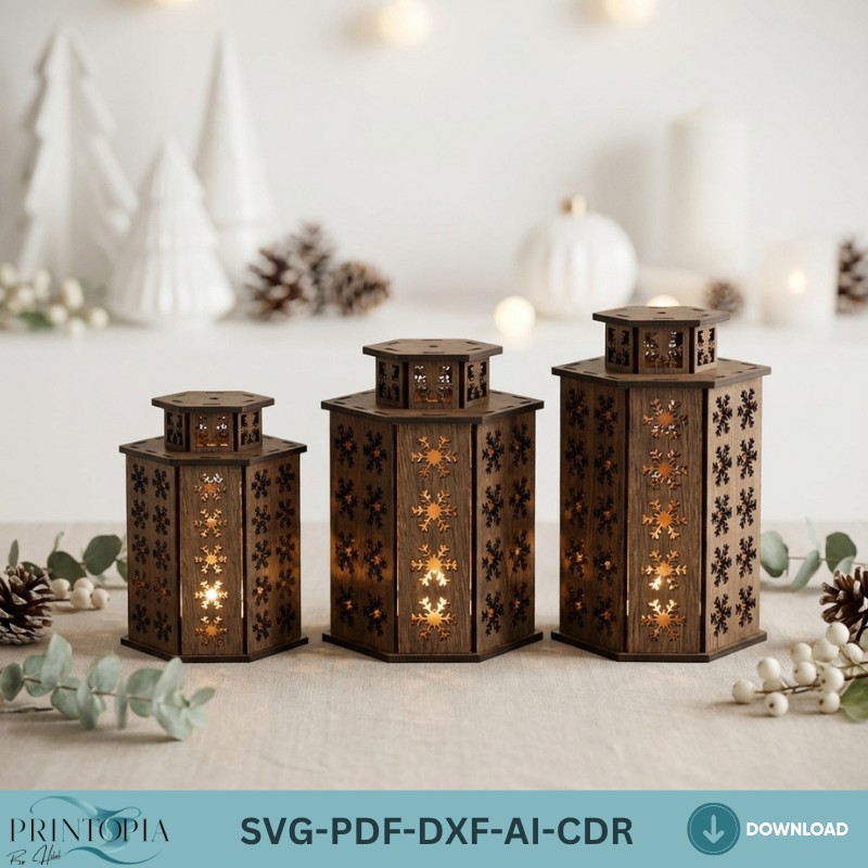 Laser Cut Christmas Lantern Wooden Snowflake Tealight Lamp 3 Sizes Holiday Home Decor 3D