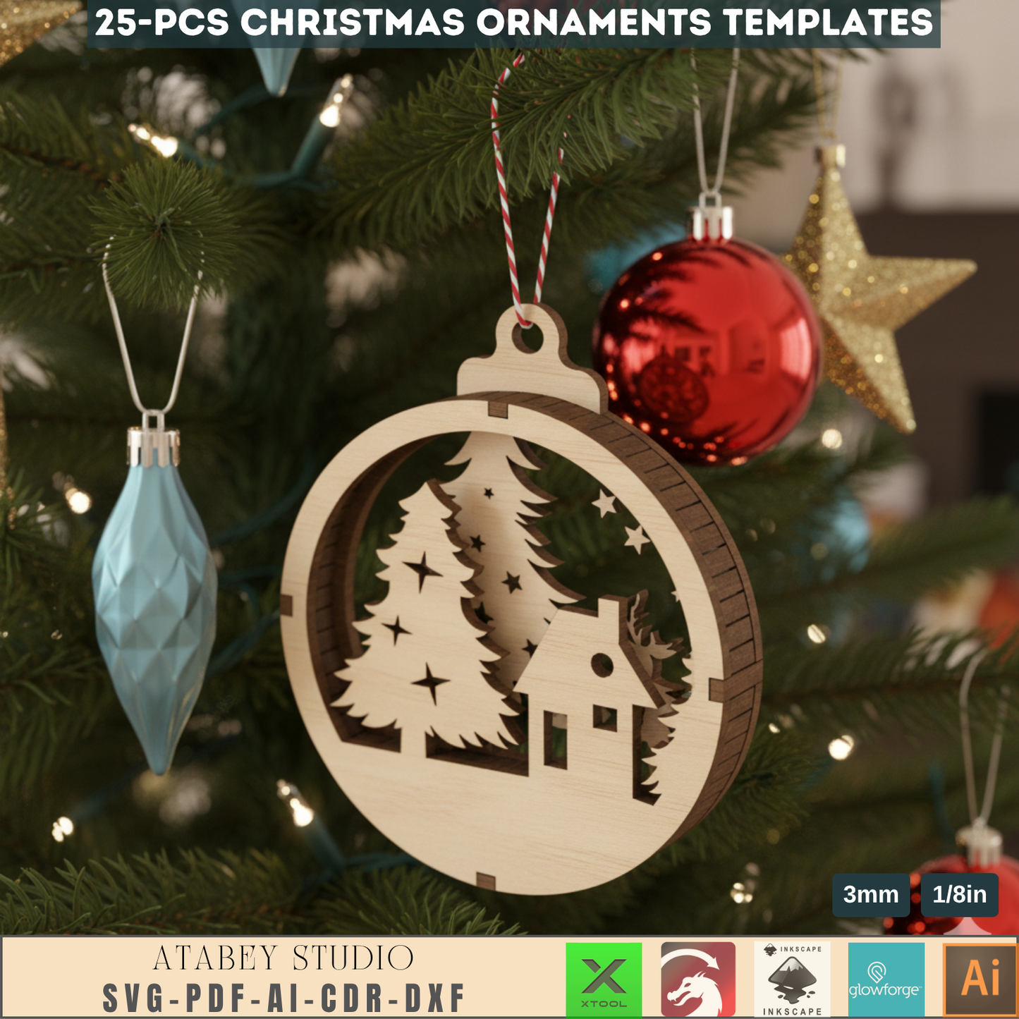25 Christmas Ornament Templates for Laser Cutting | Round Xmas Bauble Designs | Holiday Tree Hanging Decor Craft Pattern