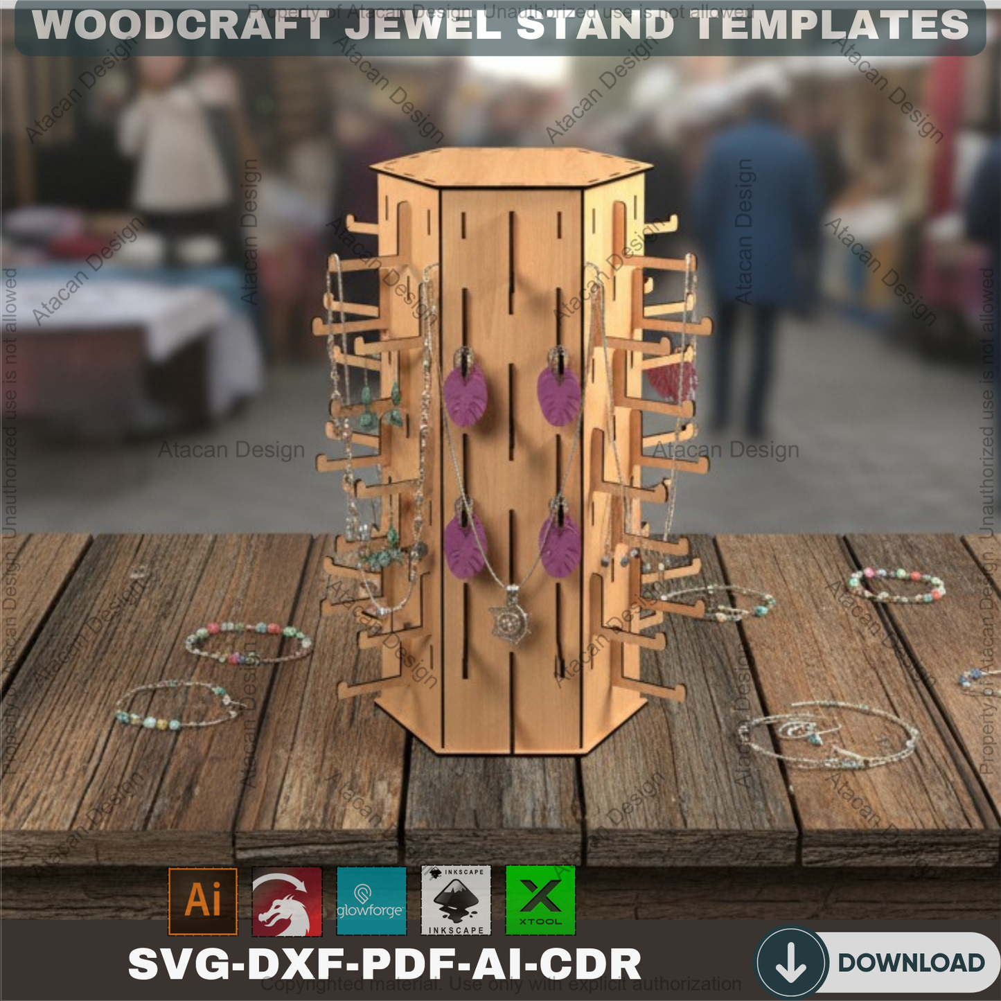 Hexagon Keychains and Jewelry Displays / Earring Holder Stands / Glowforge Ornaments Display Stand / Laser Cut Files SVG DXF Ai CDR 395