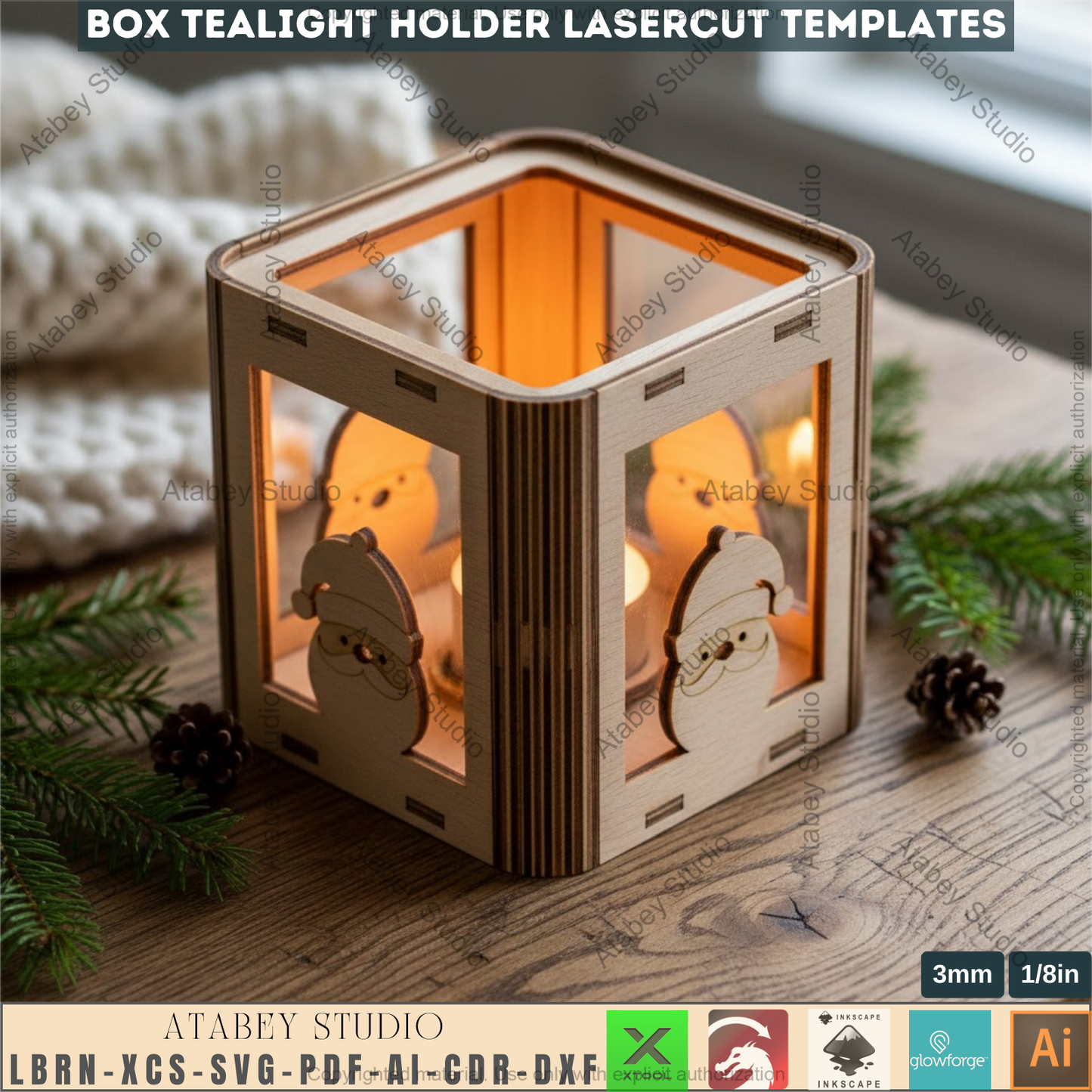 Christmas Laser Cut Tealight Holder, Santa Lantern Box Template, Living Hinge Candle Stand, Holiday Table Decor 974