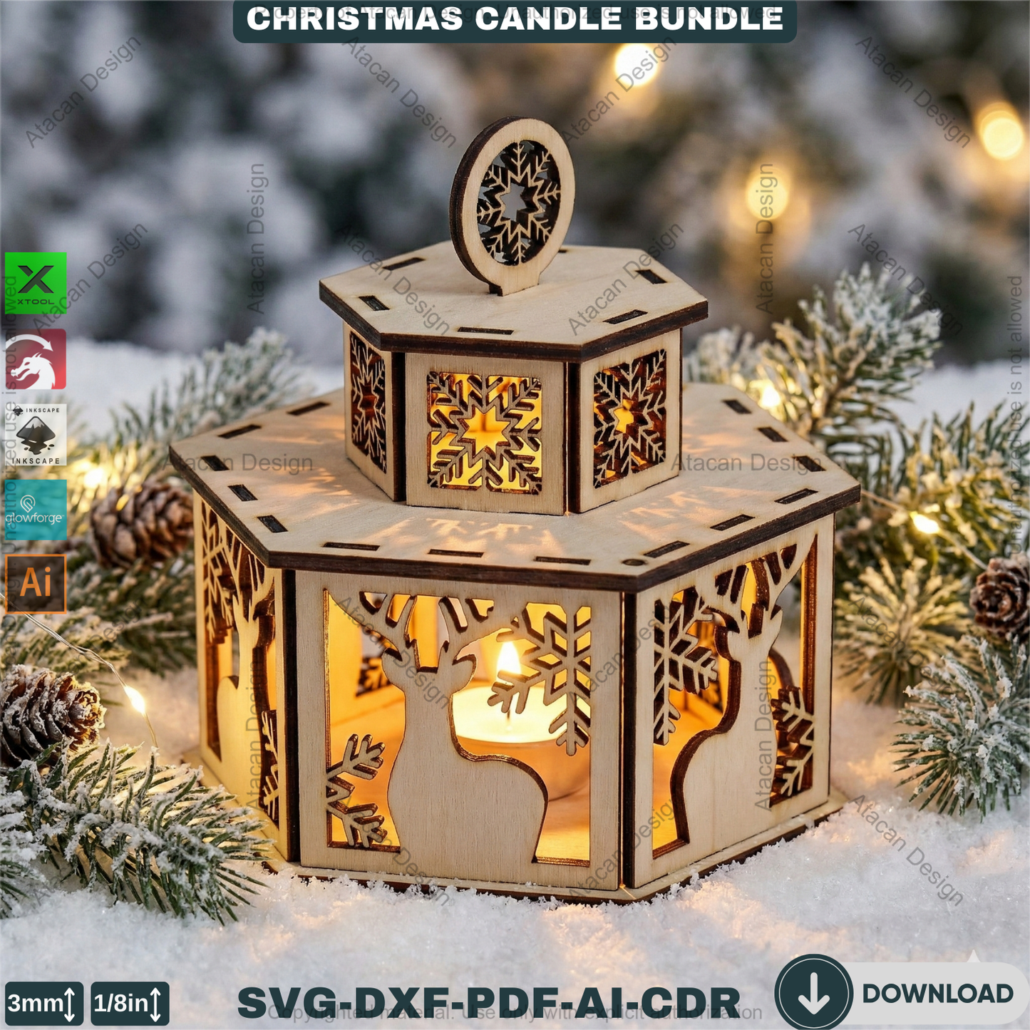 Christmas Candle Holders - Lanterns With Lid - Tealight Laser Cut Lamp Designs - Night Light Decoration 922