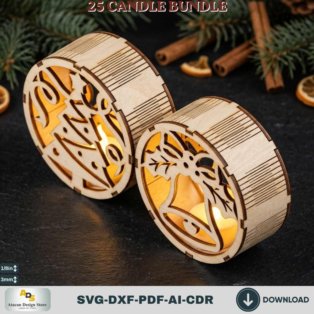 Christmas Tealight Candle Holder Bundle, 25 Laser Cut Round Lantern Templates, Xmas Glowforge Decor