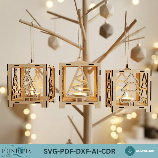 Green Christmas Tea Light Holder Decor / Christmas Ornament Tree Snowman Sled / Candle Holder / Floor Lantern Light DXF SVG Ai CDR ADS354