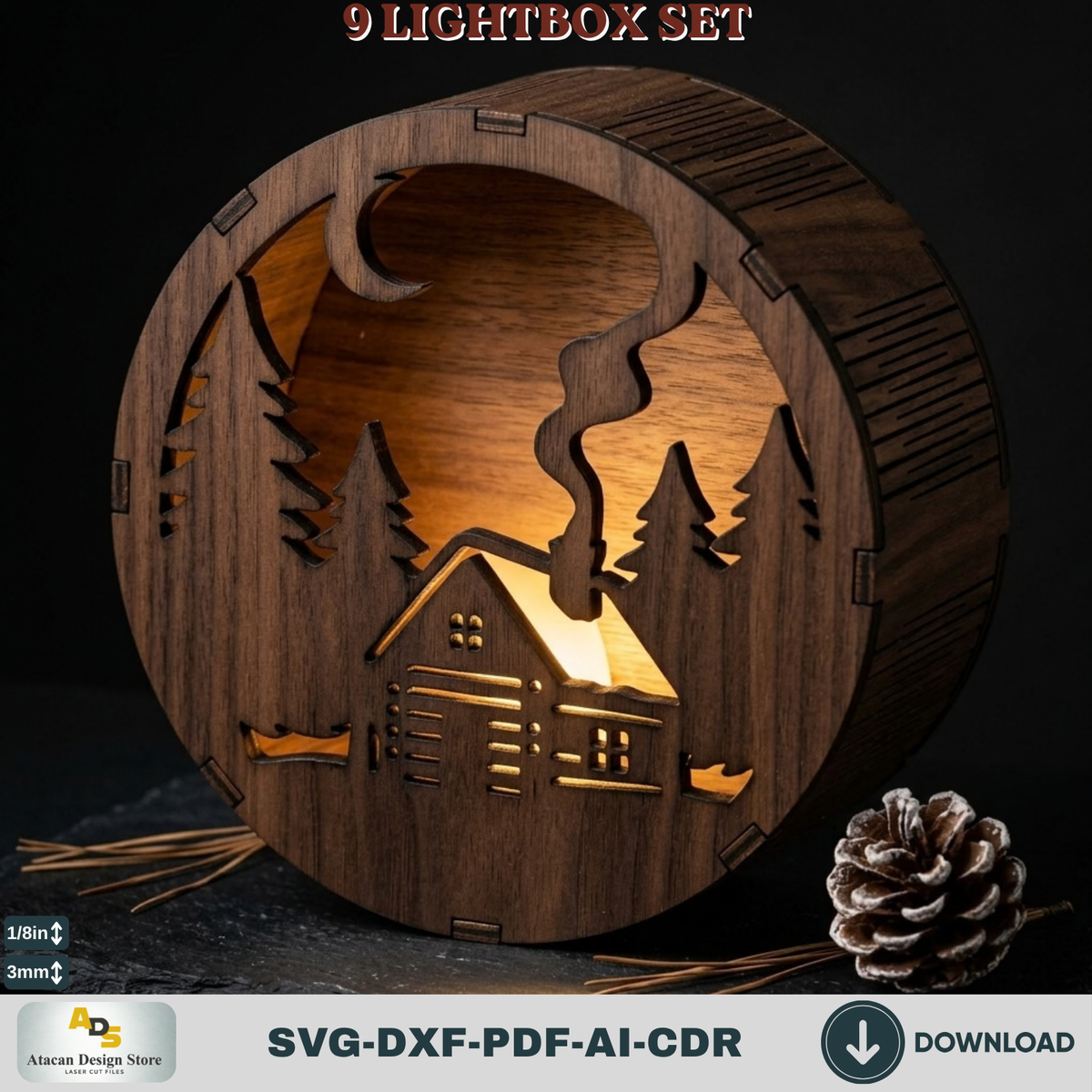 9 Winter Scene Lightbox Laser Cut Bundle Round Christmas Shadow Box Template
