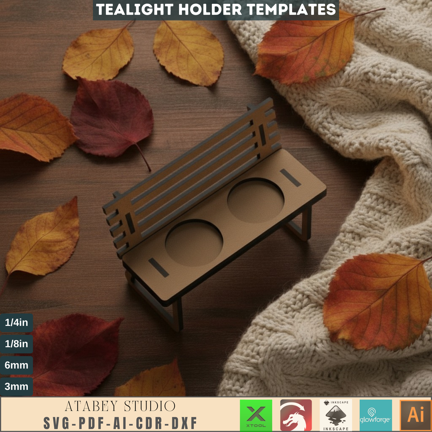 Laser Cut Bench Tealight Holder SVG, Wooden Candle Holder Template, Fall Decor Glowforge Files, Autumn Home Decor DIY Gift 562