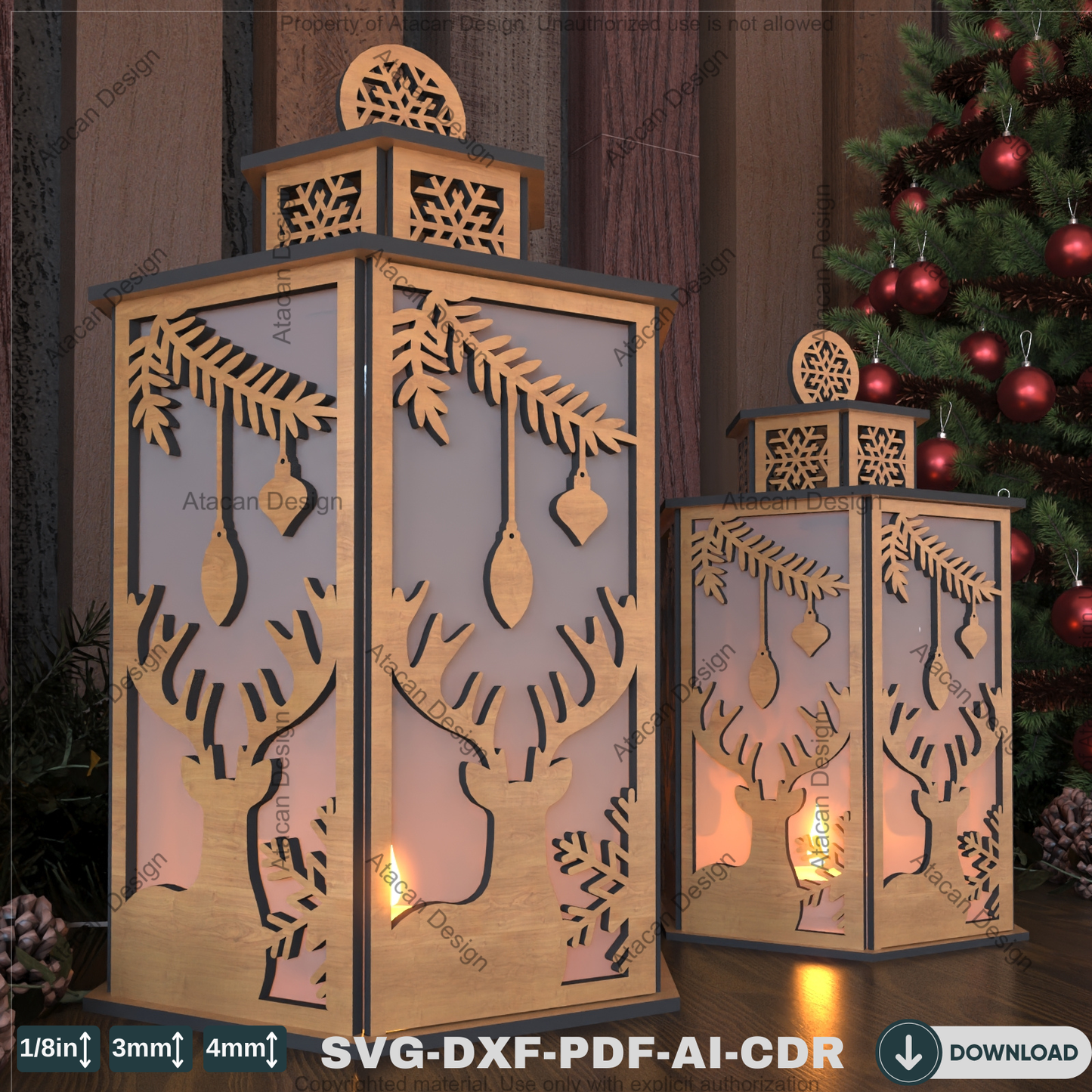 Festive Church Lantern Design – Reindeer and Christmas Tree Candle Holder Template 785