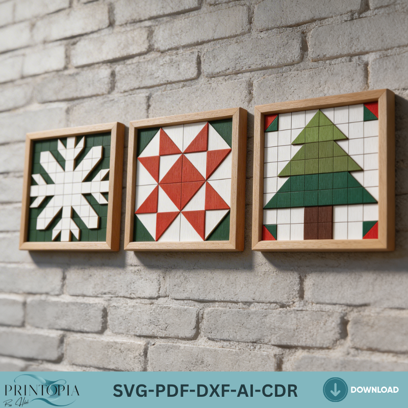 Christmas Quilt Block Laser Cut Patterns Wood Wall Art Bundle Holiday Snowflake Tree Star Decor