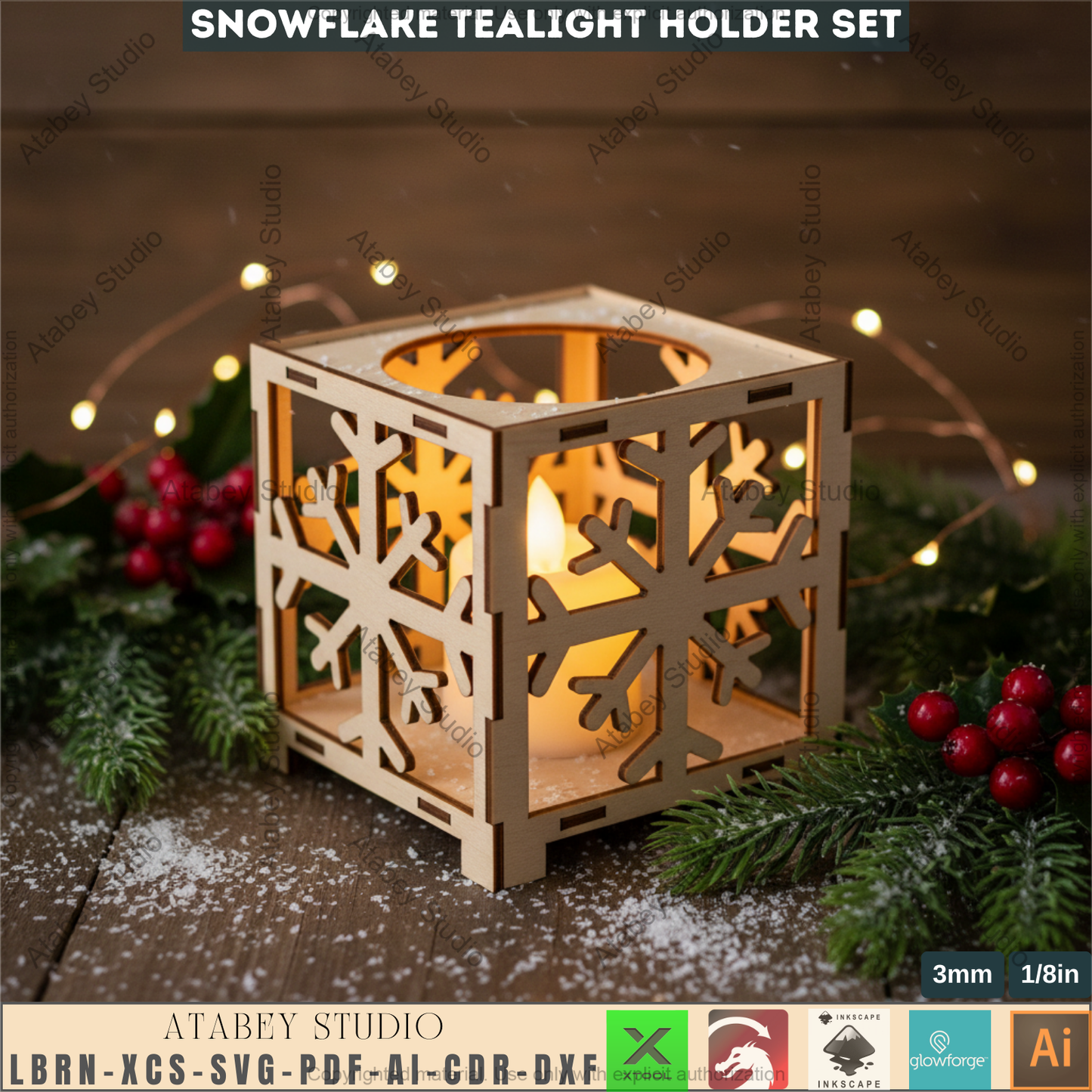 Snowflake Tealight Holder Laser Cut Files, Christmas Lantern Box SVG, Wooden Candle Holders 979